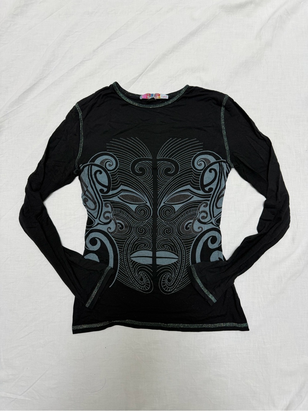 Black Long Sleeve Women's Top with Gray Tribal Mask Graphic